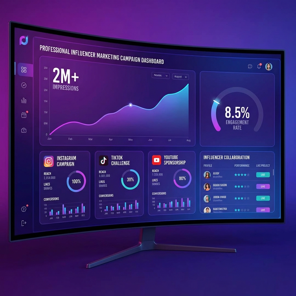 Influencer marketing campaign dashboard showing 2M+ impressions and 8.5% engagement rate across social media platforms